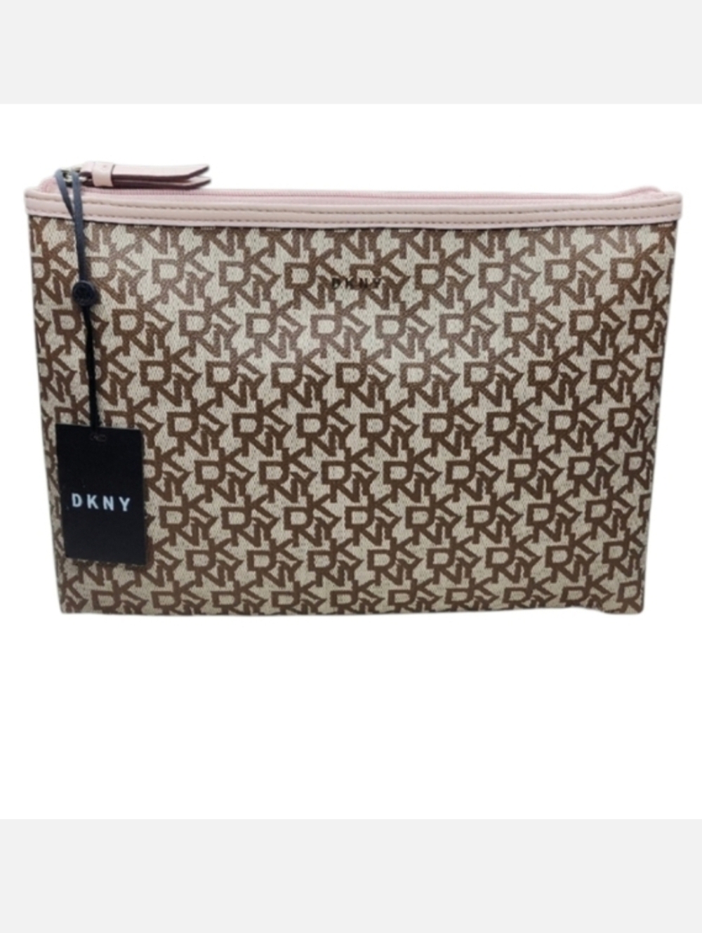 DKNY Large Top Zip Pouch Brown & Pink Cosmetic Bag with Monogram Design Pattern